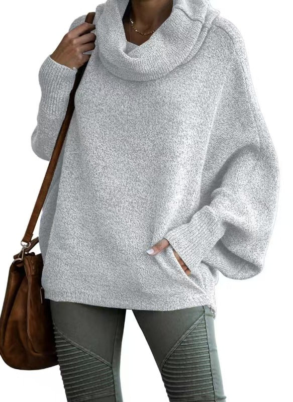 Damen lässiger Strickpullover mit weichem Stehkragen und weit geschnittenen Ärmeln R&B