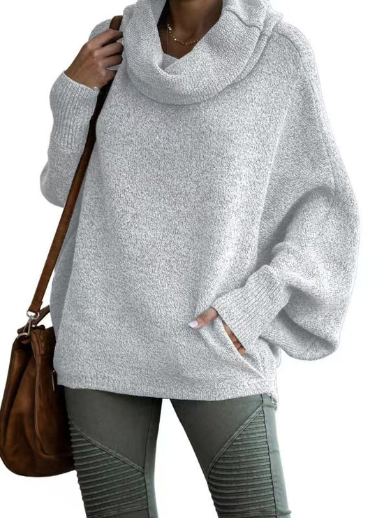 Damen lässiger Strickpullover mit weichem Stehkragen und weit geschnittenen Ärmeln R&B
