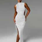 Damen Maxi-Kleid mit eleganter Raffung und seitlichem Schlitz EB