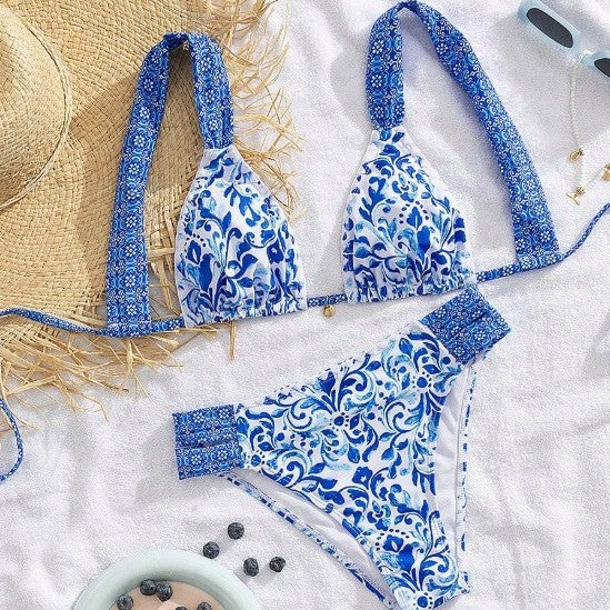 Damen Bikini mit dekorativen Rüschen und elegantem Muster R&B