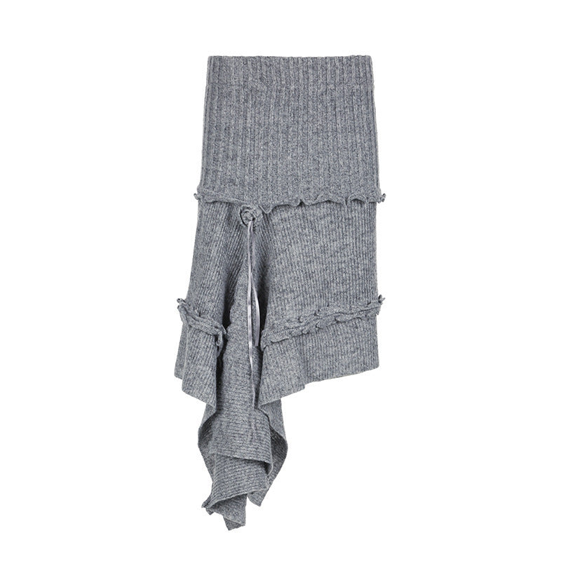 Damen asymmetrischer Strickrock mit dekorativen Fransen und elastischem Bund R&B