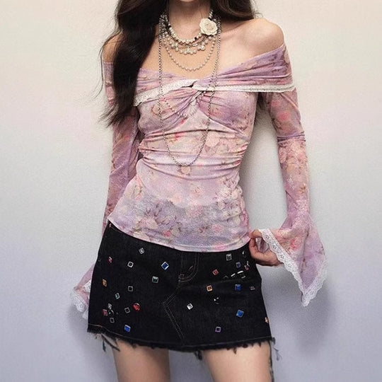 Damen Bluse mit off-shoulder Design und floralen Mustern R&B