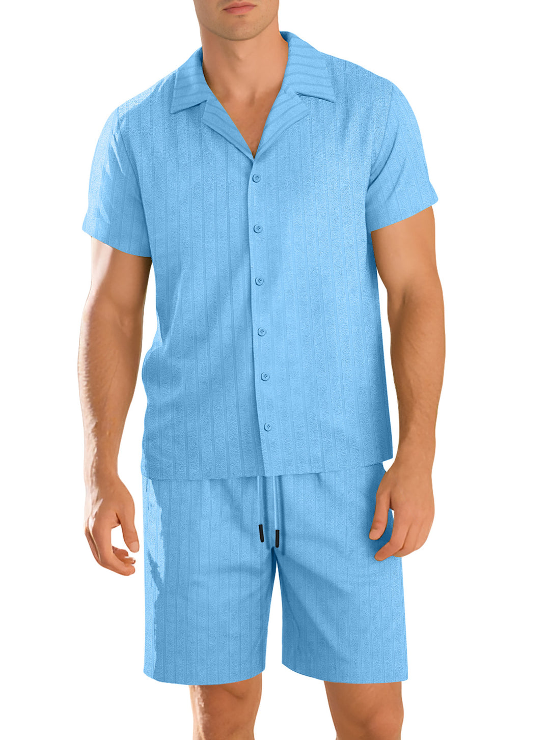 Herren nan Rippenstrick Lounge-Set mit Reverskragen Kurzarmhemd und Komfort-Bermuda R&B