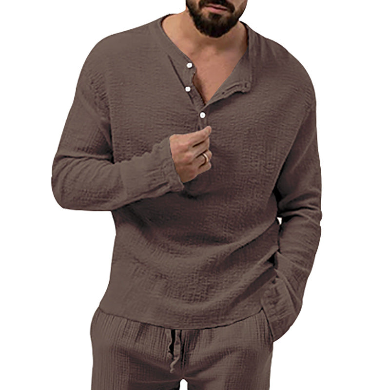 Herren nan entspanntes Henley-Set aus leichter Baumwoll-Gauze mit Kordelbundhose R&B