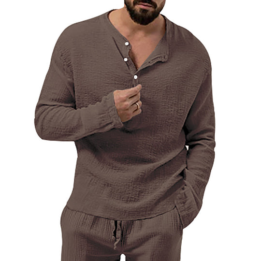 Herren nan entspanntes Henley-Set aus leichter Baumwoll-Gauze mit Kordelbundhose R&B