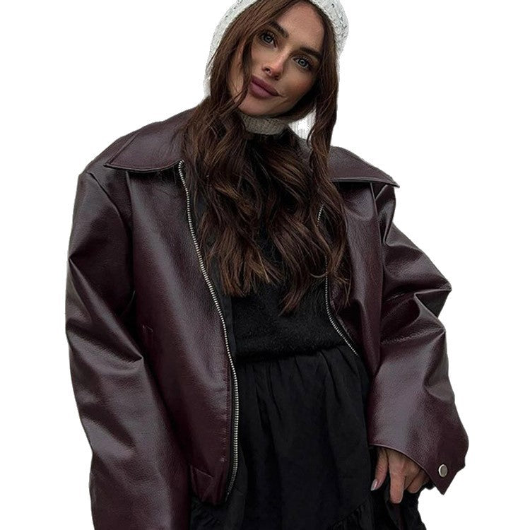 Damen Lässige Kunstlederjacke mit oversized Schnitt und praktischen Taschen R&B