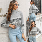 Damen modischer Strickpullover mit hohem Kragen und grafischem Design R&B