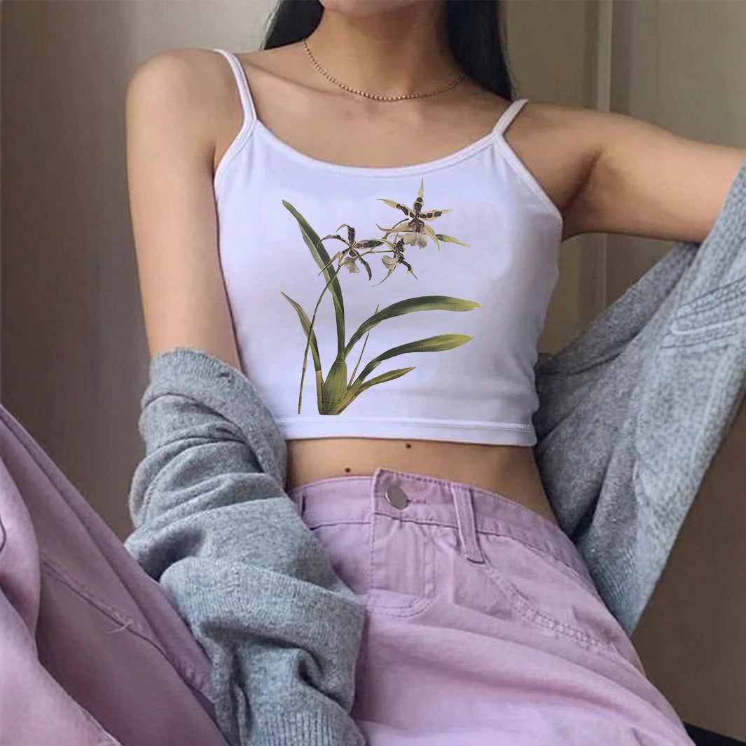 Damen Crop-Top mit floralem Design und schmalen Trägern R&B
