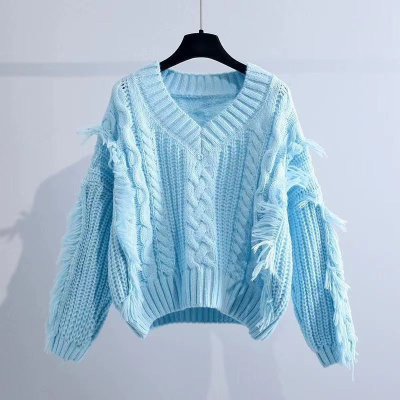 Damen Stylischer Strickpullover mit Fransen und Zopfmuster R&B