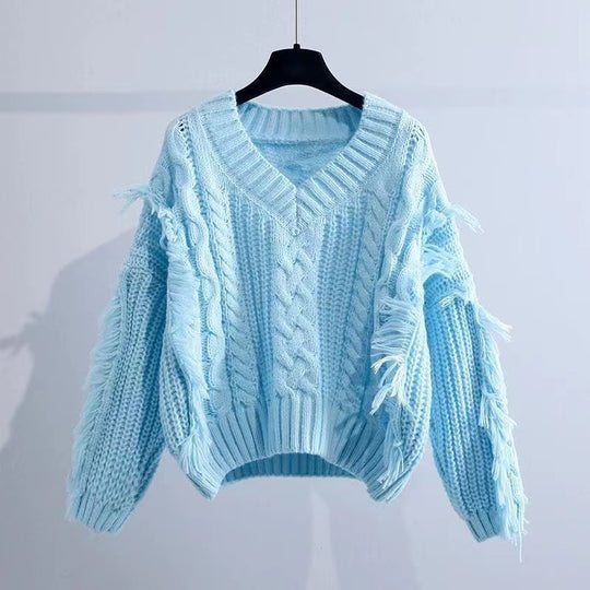 Damen Stylischer Strickpullover mit Fransen und Zopfmuster R&B
