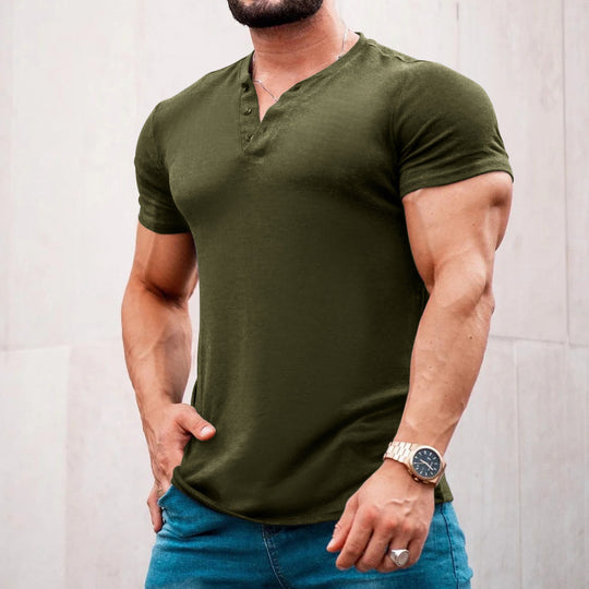 Herren nan muskelbetontes Kurzarmshirt mit Knopfleiste und V-Ausschnitt aus Baumwollstretch R&B