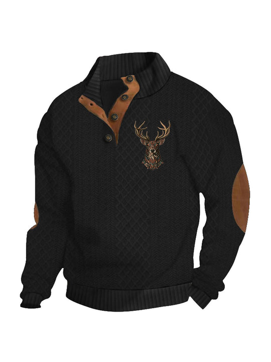 Herren nan Heritage-Strukturpullover mit Stehkragen Lederimitat-Besatz Ellenbogen-Patches und Halbknopfleiste R&B