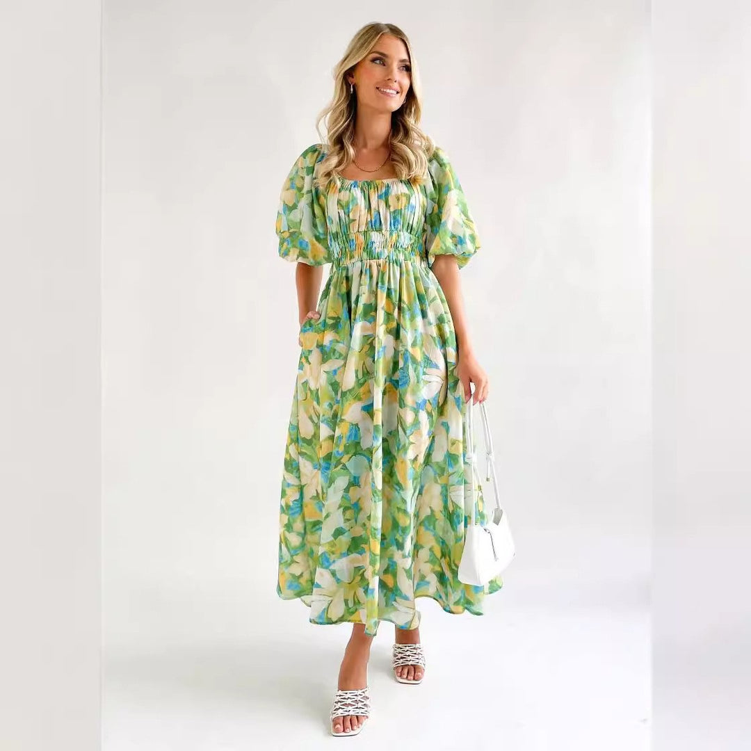 Damen Maxikleid mit luftigen Puffärmeln und floralem Design R&B