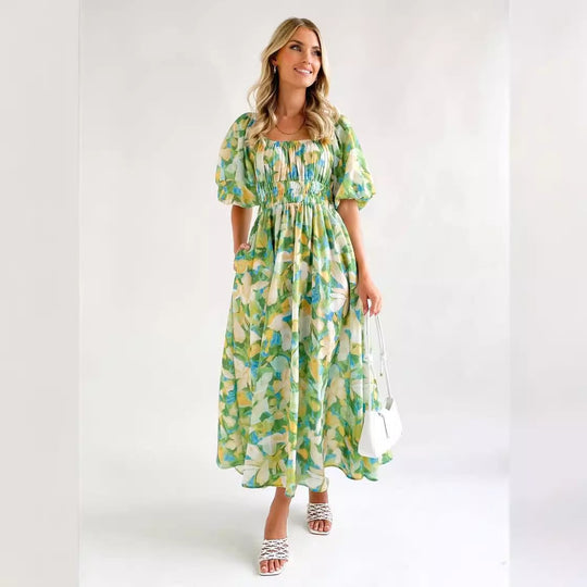 Damen Maxikleid mit luftigen Puffärmeln und floralem Design R&B