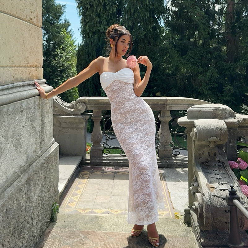 Damen Corsage Maxikleid mit raffiniertem Spitzenmuster und trägerlosem Design R&B