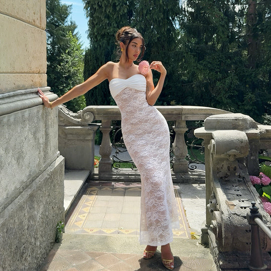 Damen Corsage Maxikleid mit raffiniertem Spitzenmuster und trägerlosem Design R&B