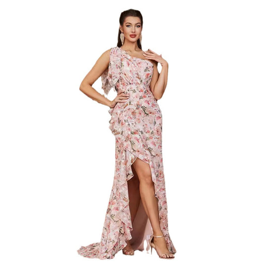Damen Asymmetrisches Maxikleid mit floralen Akzenten und hohem Schlitz R&B
