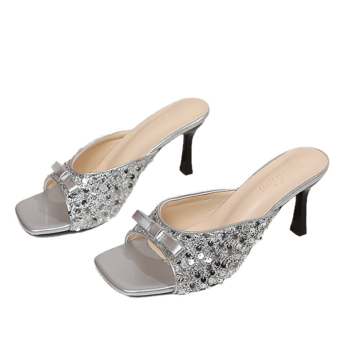 Damen Glamouröse Plateau-Pantoletten mit glitzerndem Obermaterial und dekorativen Details