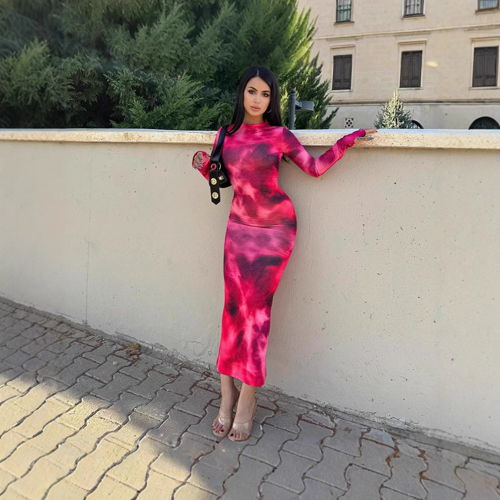 Damen Maxi-Kleid mit langen Ärmeln und modischem Batikmuster R&B