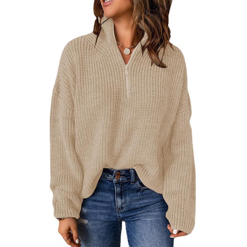 Damen Grobstrickpullover mit Stehkragen und Reißverschluss R&B