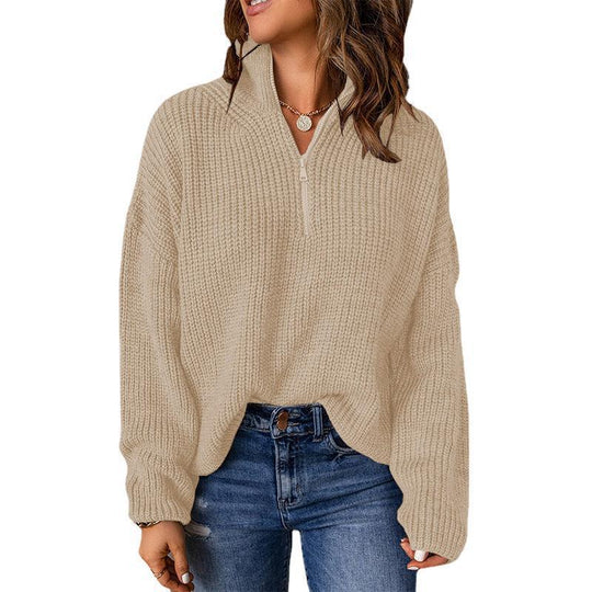 Damen Grobstrickpullover mit Stehkragen und Reißverschluss R&B