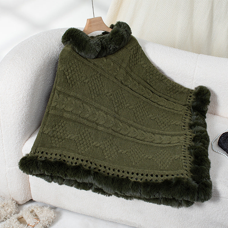Damen kuscheliger Strickponcho mit samtigem Fellbesatz R&B