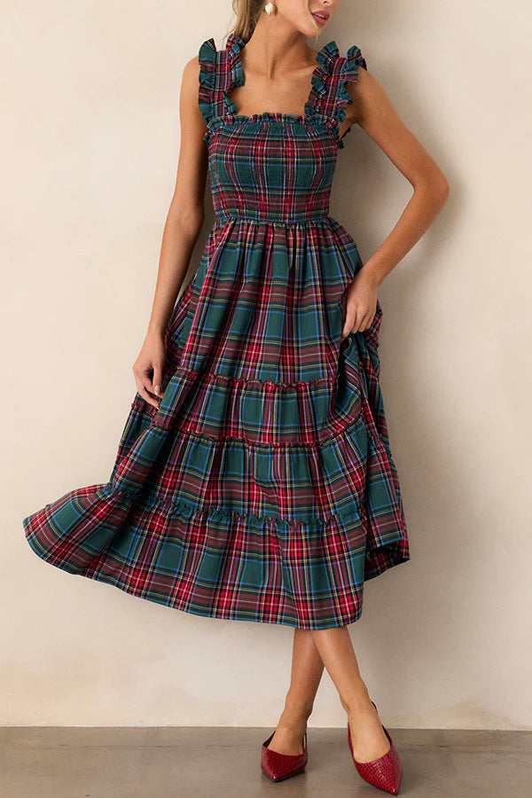 Damen Maxikleid mit voluminösen Rüschendetails und klassischen Karo-Muster R&B