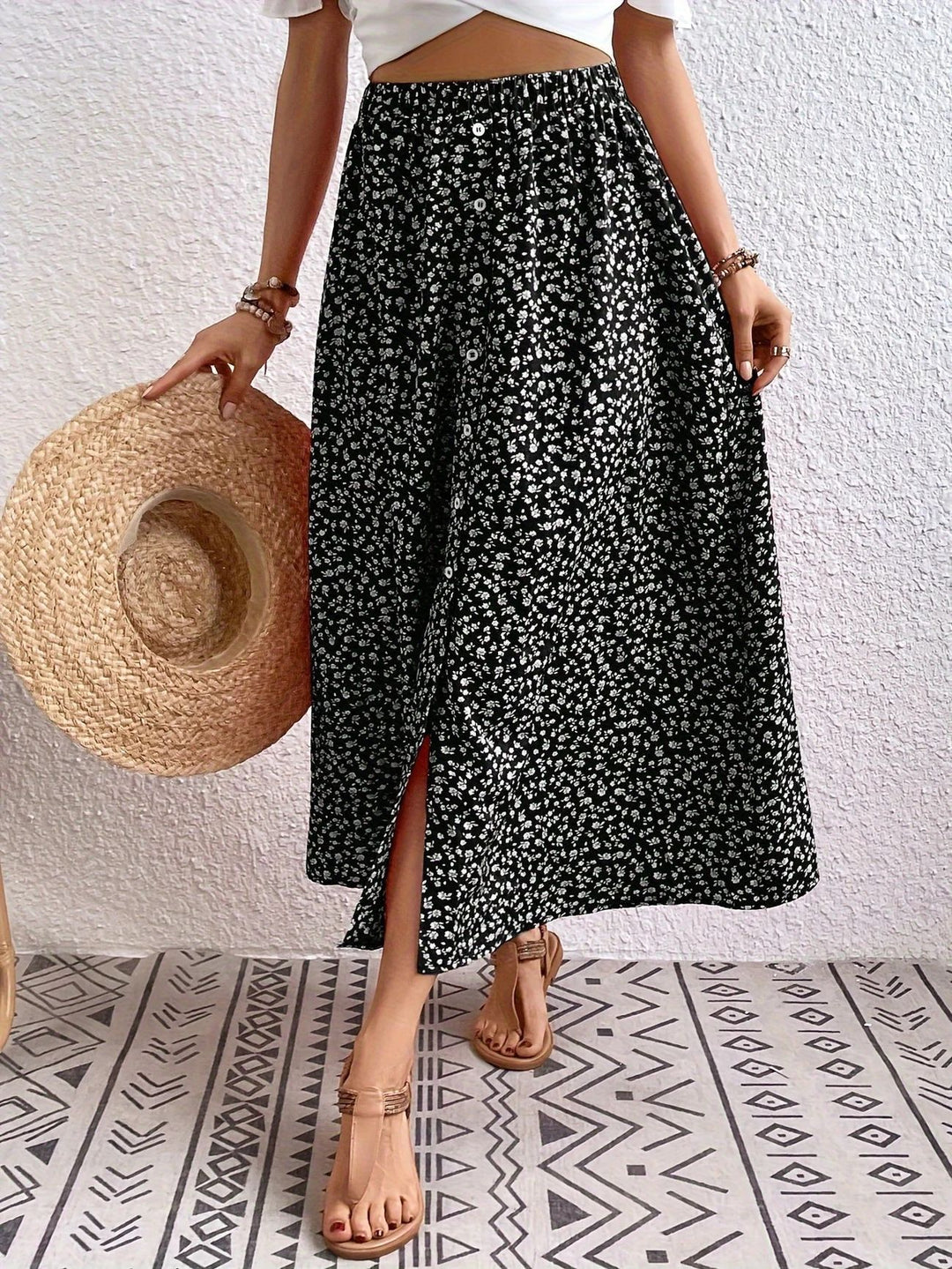 Damen Maxirock mit floralem Design und hohem Schlitz R&B
