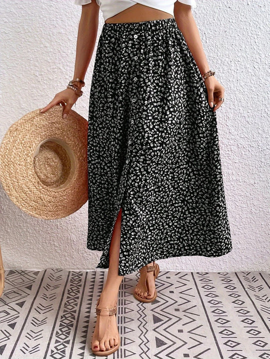 Damen Maxirock mit floralem Design und hohem Schlitz R&B