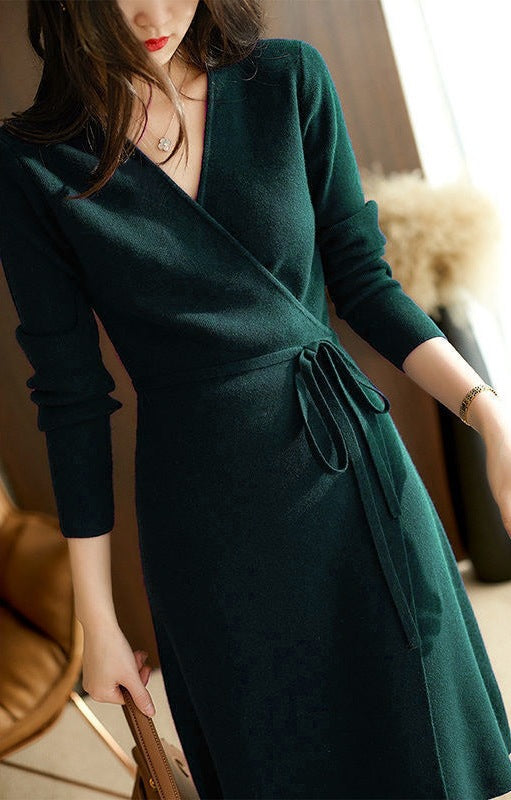 Elegantes Damen Wickelkleid mit Langen Ärmeln und Taillenkordelung | R&B