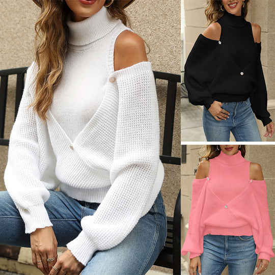 Damen Pullover mit schulterfreien Ärmeln und raffinierter Knopfleiste R&B