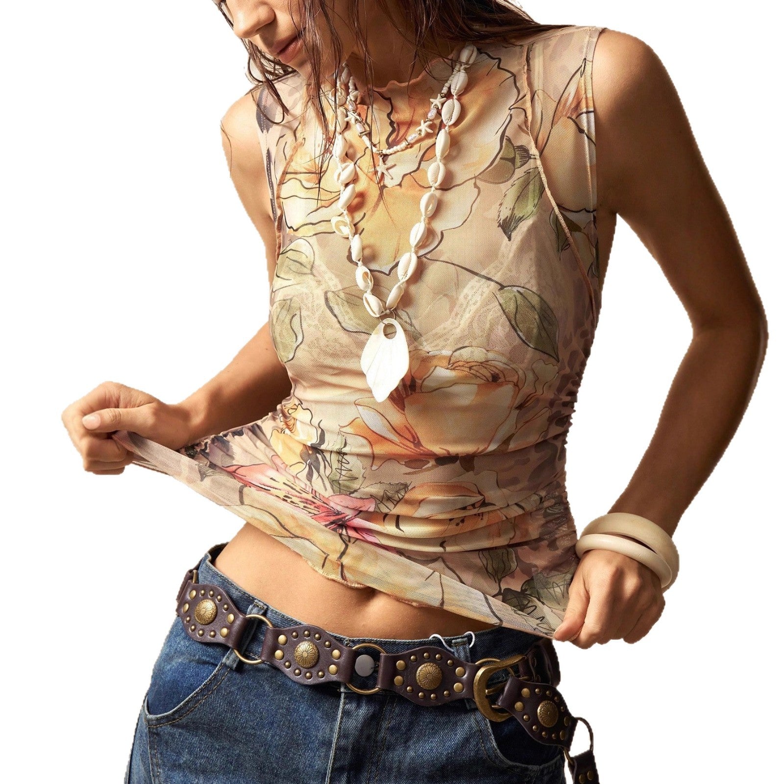 Damen nan figurnahes Mesh-Top mit floralem Aquarellprint, Stehkragen und seitlicher Raffung R&B