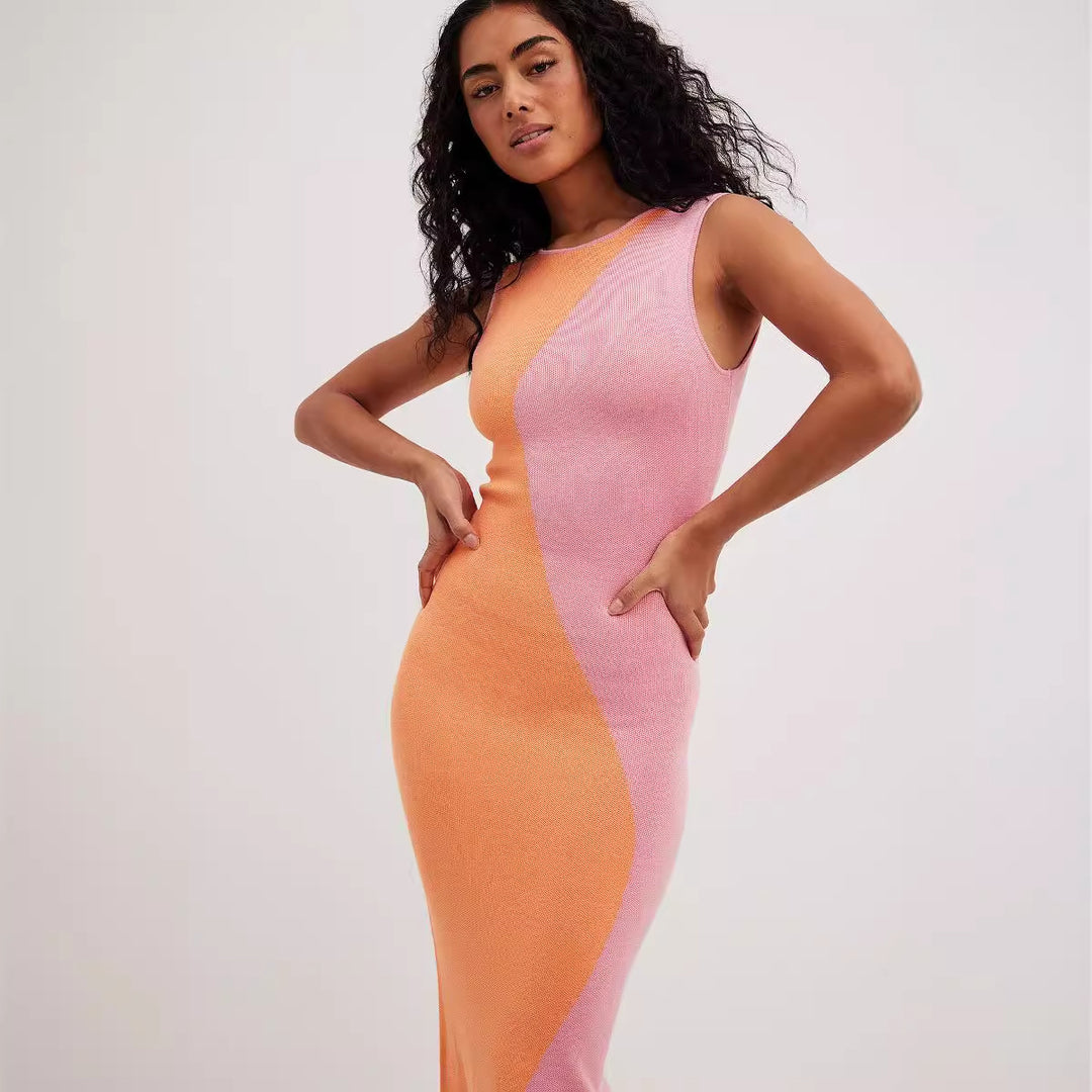Damen figurbetontes Maxi-Kleid mit modischem Farbblockdesign R&B
