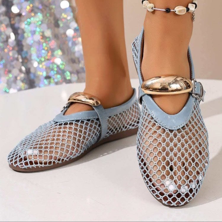 Damen atmungsaktive Mesh-Ballerinas mit dekorativen Schnallen und rutschfester Sohle R&B