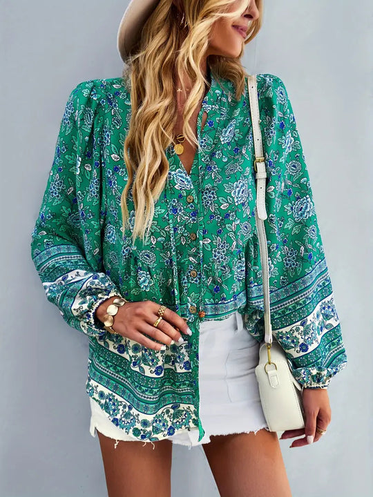 Damen Blusentop mit buntem Blumenmuster und Volantärmeln R&B