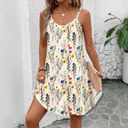 Damen lässiges Blumenkleid mit schmalen Spaghettiträgern und weitem Rock R&B