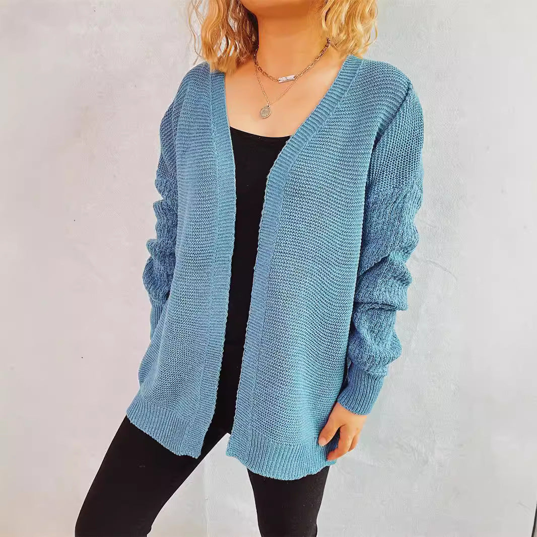 Damen lässige Strickjacke mit voluminösen Ärmeln und modernem Strukturmuster R&B