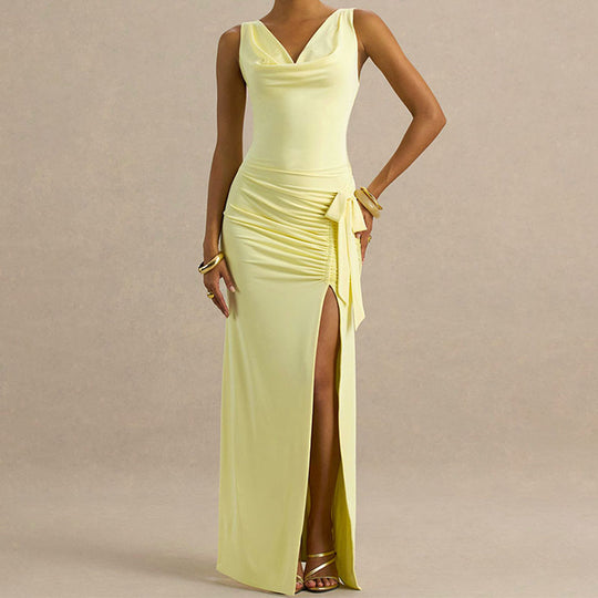 Damen Elegantes Maxikleid mit tiefem V-Ausschnitt und seitlicher Raffung R&B