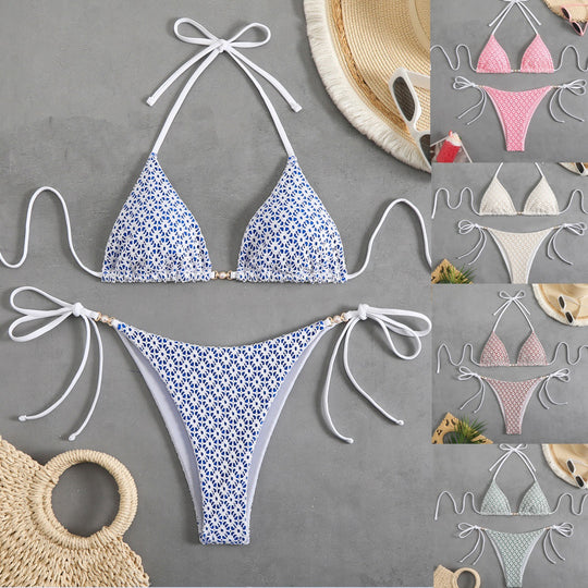 Damen Triangel-Bikini mit filigranem Blumendesign und charmanten Schleifen R&B