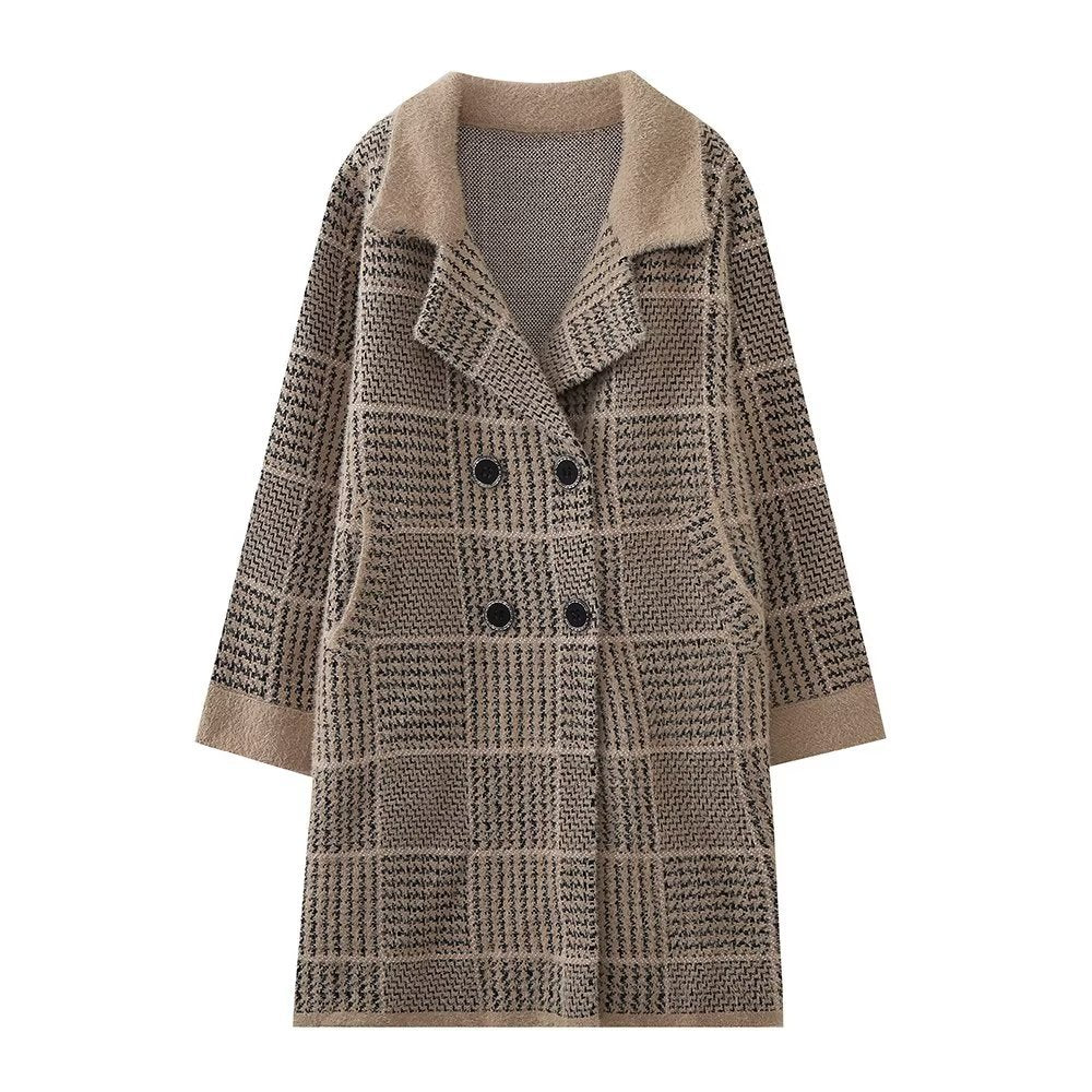 Damen modische Übergangsjacke mit strukturiertem Karomuster und eleganter Knopfleiste R&B