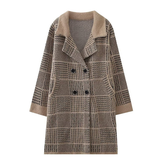 Damen modische Übergangsjacke mit strukturiertem Karomuster und eleganter Knopfleiste R&B