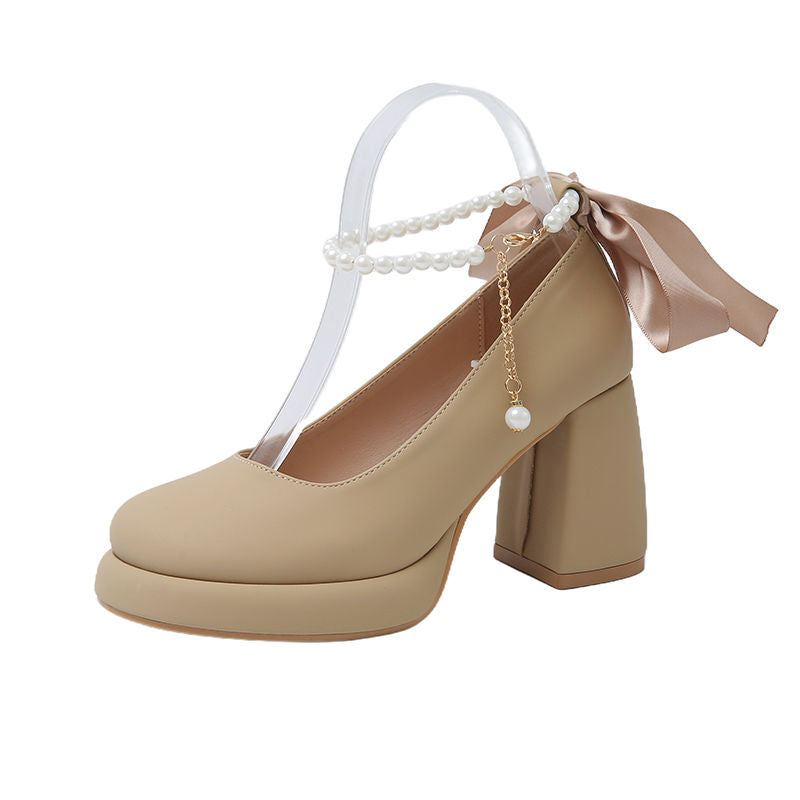 Damen elegante Blockabsatzpumps mit Perlenschmuck und transparentem Riemchen R&B