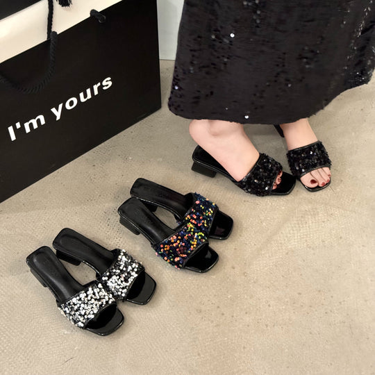 Damen elegante Mules mit funkelnden Pailletten R&B