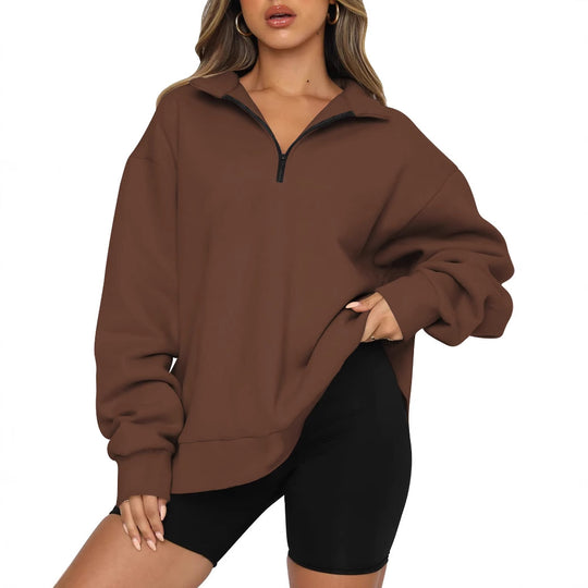 Damen Sportlicher Oversized Pullover mit Reißverschluss und seitlichem Schlitz R&B