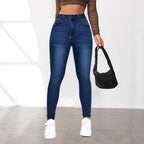 Damen High-Waist Skinny Jeans mit angedeuteten Taschen und elastischem Bund R&B