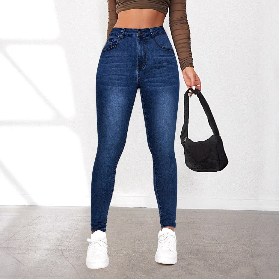 Damen High-Waist Skinny Jeans mit angedeuteten Taschen und elastischem Bund R&B