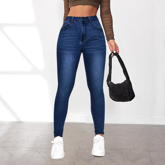 Damen High-Waist Skinny Jeans mit angedeuteten Taschen und elastischem Bund R&B