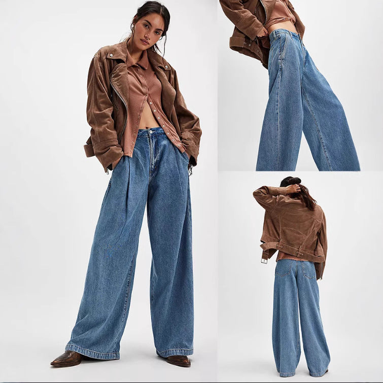 Damen Weite Denim-Hose mit hohem Bund und lässiger Silhouette