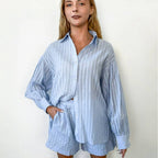 Damen Leichtes Kurzarm-Blusen-Set mit Bund und gestreiftem Design R&B