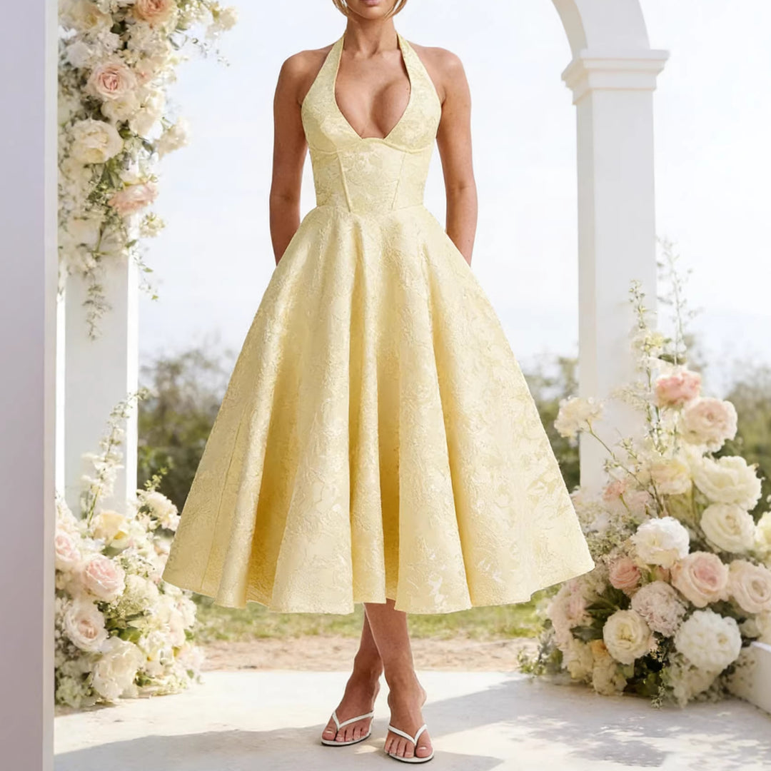 Damen Elegantes Halterneck-Midi-Kleid mit detaillierter Spitzenverarbeitung R&B